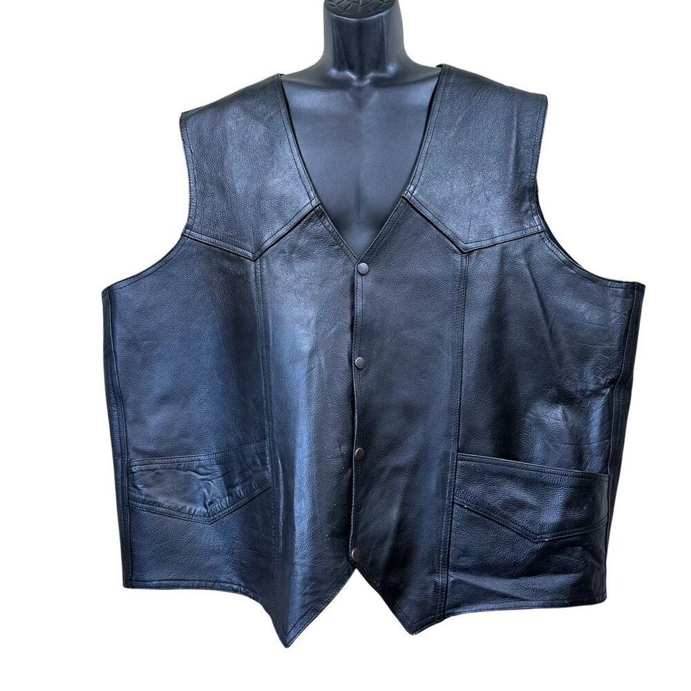 Vintage Leather Club Black Leather Snap Front Vest XXL
